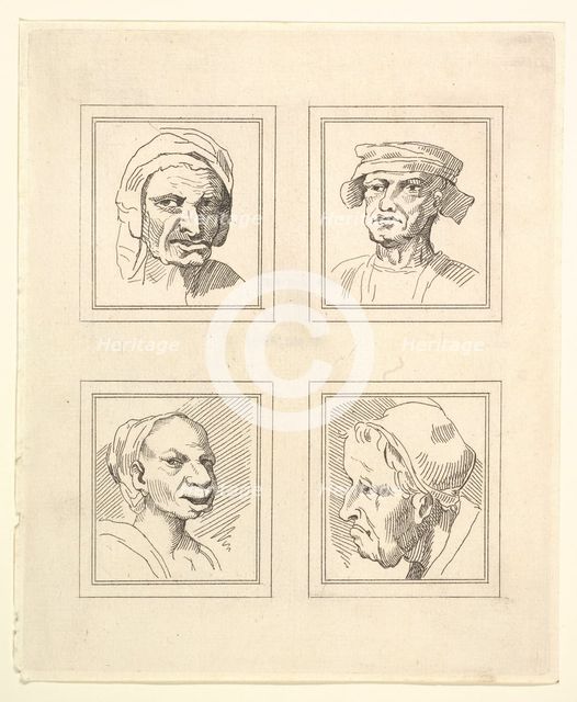 Four Heads (from Characaturas by Leonardo da Vinci, from Drawings by Wincelslaus Hollar, o..., 1786. Creator: Unknown.
