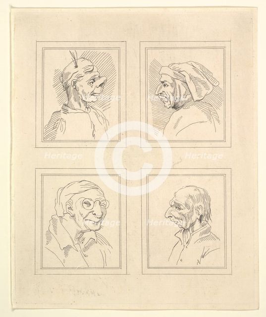 Four Heads (from Characaturas by Leonardo da Vinci, from Drawings by Wincelslaus Hollar, o..., 1786. Creator: Unknown.
