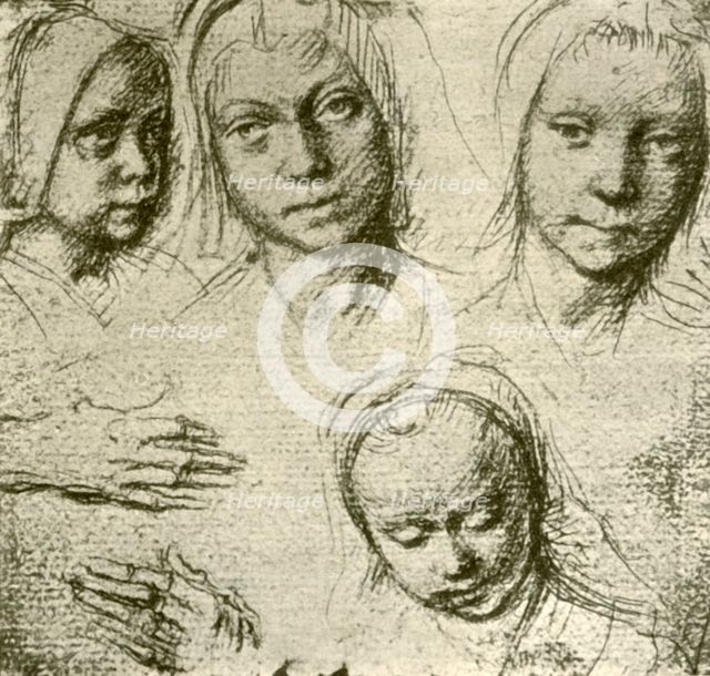 'Four Heads of a Young Girl and Two Hands', c1500-1505, (1908). Creator: Gerard David.