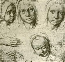 Four Heads of a Young Girl and Two Hands c1500-1505, (1908). Creator: Gerard David