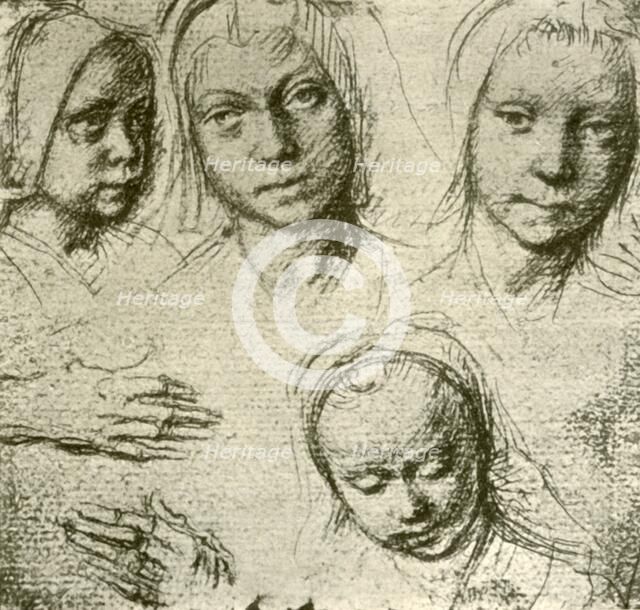 'Four Heads of a Young Girl and Two Hands', c1500-1505, (1908). Creator: Gerard David.