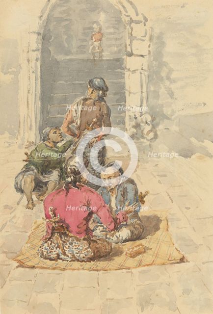 Four Javanese at the entrance of the stairs to the terraces of Borobudur, c.1800-c.1899. Creator: Joannes Henricus Willem le Clercq.