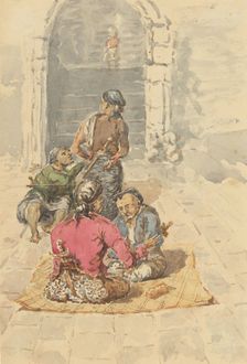 Four Javanese at the entrance of the stairs to the terraces of Borobudur, c.1800-c.1899. Creator: Joannes Henricus Willem le Clercq