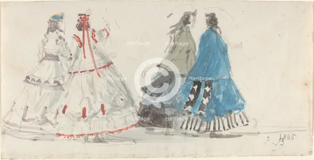 Four Ladies in Crinolines Walking at Trouville, 1865. Creator: Eugene Louis Boudin.