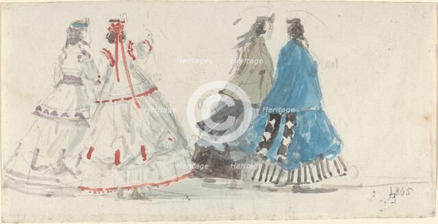 Four Ladies in Crinolines Walking at Trouville, 1865. Creator: Eugene Louis Boudin.