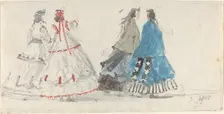 Four Ladies in Crinolines Walking at Trouville, 1865. Creator: Eugene Louis Boudin