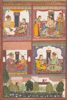 Four Love Scenes and a Landscape: Page from a Dispersed Raskapriya, ca. 1700. Creator: Unknown