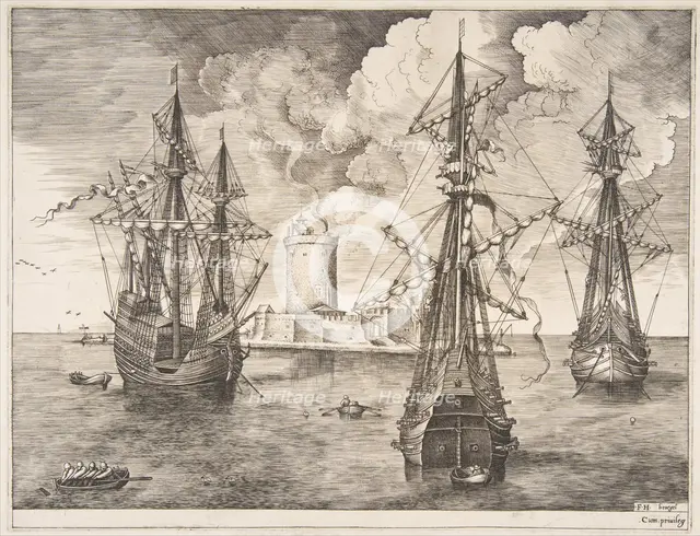 Four-master and Two Three-masters Anchored near a Fortified Island from The Sailing Ves..., 1561-65. Creator: Frans Huys.