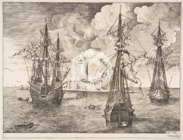 Four-master and Two Three-masters Anchored near a Fortified Island from The Sailing Ves..., 1561-65. Creator: Frans Huys.