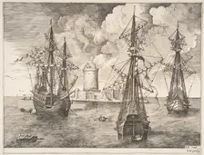 Four-master and Two Three-masters Anchored near a Fortified Island from The Sailing Ves..., 1561-65. Creator: Frans Huys