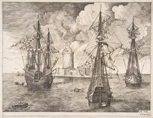 Four-master and Two Three-masters Anchored near a Fortified Island from The Sailing Ves..., 1561-65. Creator: Frans Huys