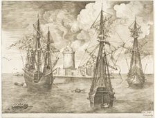 Four-Master and Two Three-Masters Anchored near a Fortified Island with a Lighthouse...pub. 1665. Creator: Frans Huys