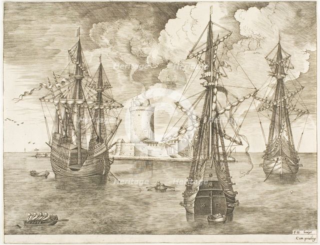 Four-Master and Two Three-Masters Anchored near a Fortified Island with a Lighthouse...pub. 1665. Creator: Frans Huys.