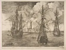 Four-Master (Left) and Two Three-Masters Anchored near a Fortified Island with a Lighth..., 1561-65. Creator: Frans Huys