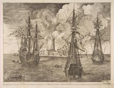 Four-Master (Left) and Two Three-Masters Anchored near a Fortified Island with a Lighth..., 1561-65. Creator: Frans Huys