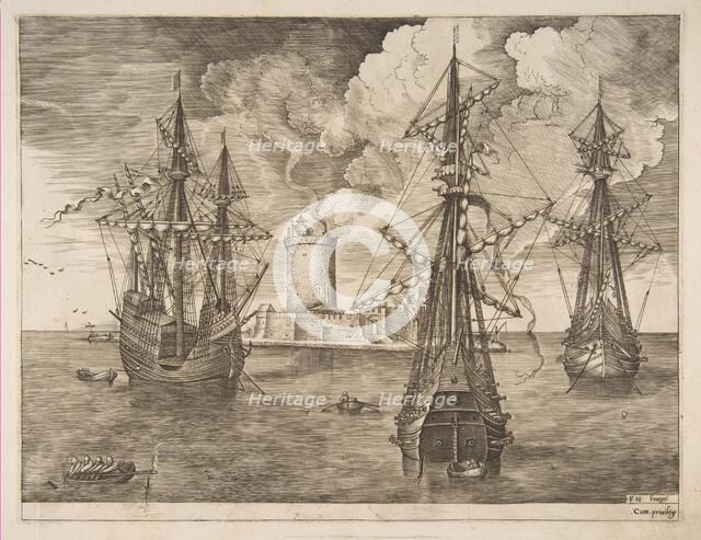 Four-Master (Left) and Two Three-Masters Anchored near a Fortified Island with a Lighth..., 1561-65. Creator: Frans Huys.