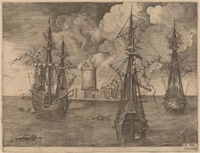 Four-Master (Left) and Two Three-Masters Anchored Near a Fortified Island with a Lighthouse,1565. Creator: Frans Huys