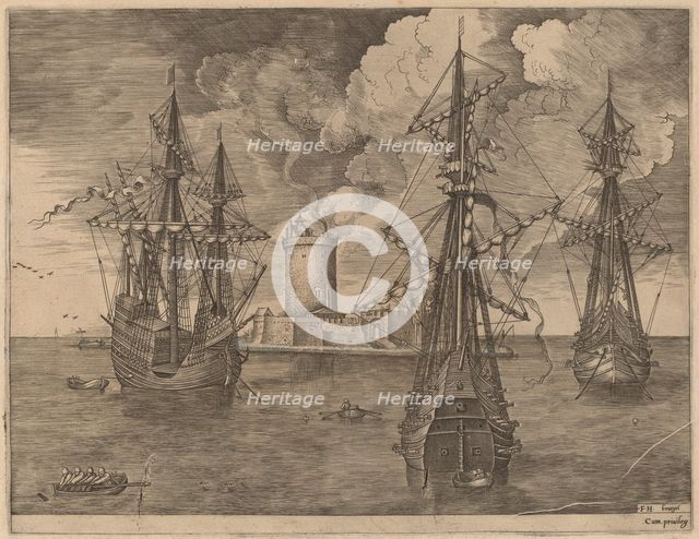 Four-Master (Left) and Two Three-Masters Anchored Near a Fortified Island with a Lighthouse,1565. Creator: Frans Huys.