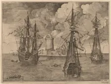 Four-Master (Left) and Two Three-Masters Anchored near a Fortified Island with a Lighthouse,1565. Creator: Frans Huys