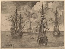 Four-Master (Left) and Two Three-Masters Anchored near a Fortified Island with a Lighthouse,1565. Creator: Frans Huys