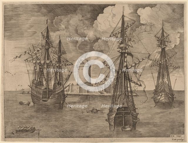 Four-Master (Left) and Two Three-Masters Anchored near a Fortified Island with a Lighthouse,1565. Creator: Frans Huys.