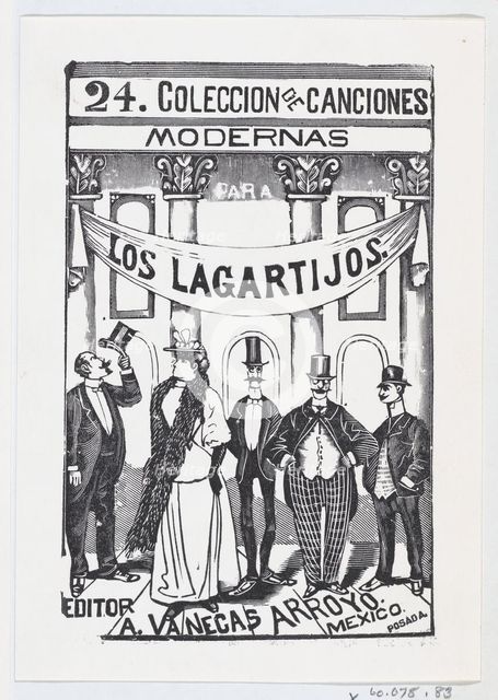 Four men and one woman in fine clothes standing in a line under a banner, illustr..., ca. 1880-1910. Creator: José Guadalupe Posada.