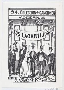 Four men and one woman in fine clothes standing in a line under a banner, illustr..., ca. 1880-1910. Creator: José Guadalupe Posada