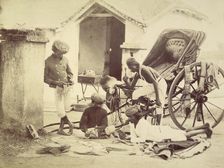 Four men and a rickshaw, India, 1873. Creator: Willoughby Wallace Hooper