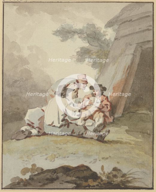 Four men sitting or squatting on the ground in front of a hut playing cards, c1770-1790. Creator: Gottlieb Welte.