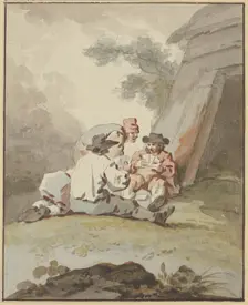 Four men sitting or squatting on the ground in front of a hut playing cards, c1770-1790. Creator: Gottlieb Welte