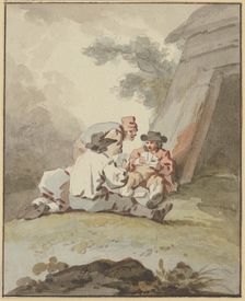 Four men sitting or squatting on the ground in front of a hut playing cards, c1770-1790. Creator: Gottlieb Welte