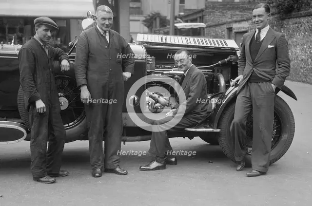 Four men posing beside a Minerva car. Artist: Bill Brunell.