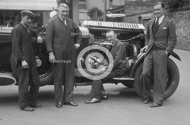 Four men posing beside a Minerva car. Artist: Bill Brunell.