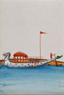 Four men row a long boat with a domed canopy, shaped as two horses in..., (between 1800 and 1899?). Creator: Unknown