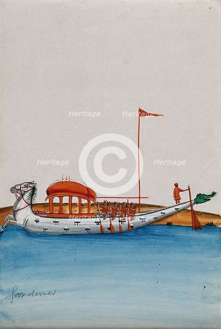 Four men row a long boat with a domed canopy, shaped as two horses in..., (between 1800 and 1899?). Creator: Unknown.