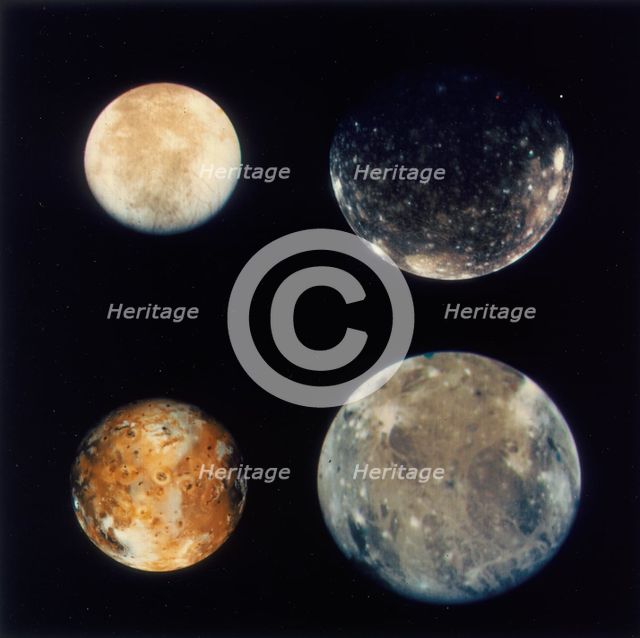 Four moons of Jupiter, Io, Europa, Ganymede and Callisto, 1979. Creator: Unknown.