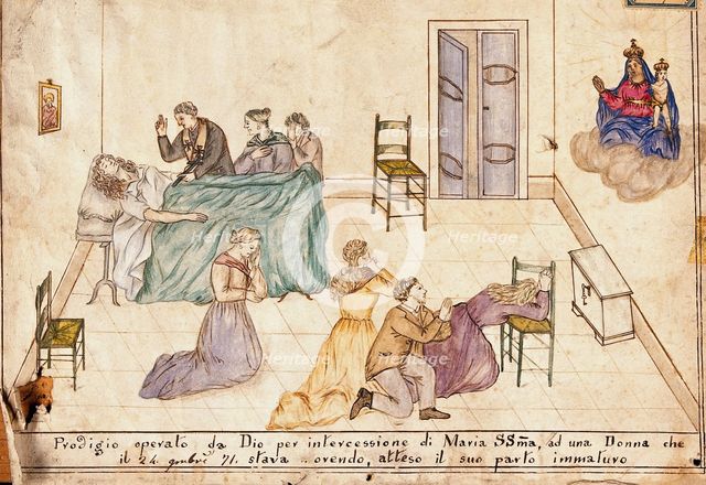 Four people praying to Sansovino's Virgin and Child for a woman in premature childbirth, 1871. Creator: Unknown.