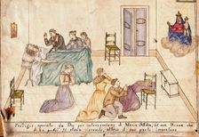 Four people praying to Sansovino's Virgin and Child for a woman in premature childbirth, 1871. Creator: Unknown