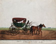 Four people travelling in a carriage drawn by two horses, (between 1800 and 1899?). Creator: Unknown