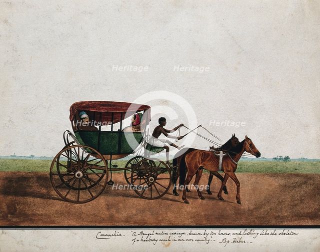 Four people travelling in a carriage drawn by two horses, (between 1800 and 1899?). Creator: Unknown.