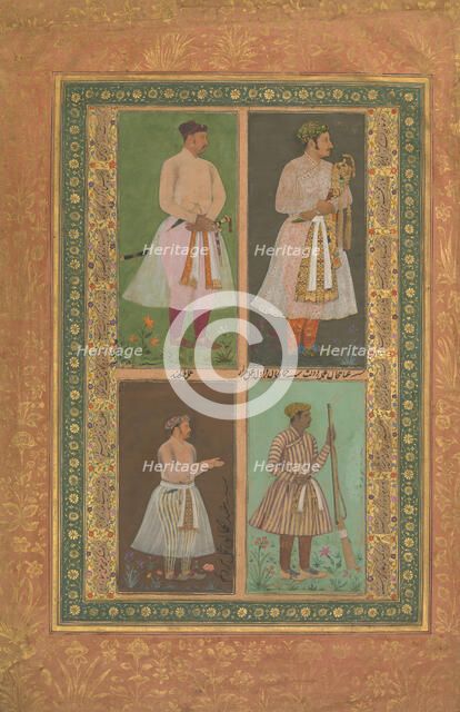 Four Portraits: (upper left) A Raja (Perhaps Raja Sarang Rao), by Balchand..., ca. 1610-15. Creators: Balchand, Daulat, Murad.