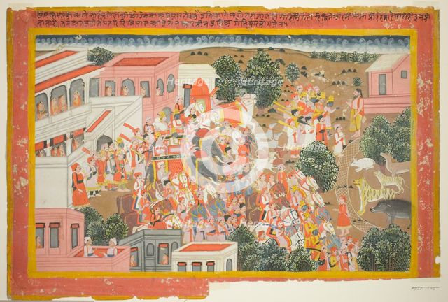 Four Princes in Procession Visit a Sage, page from a copy of the Ramayana, 1820/40. Creator: Unknown.
