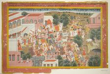 Four Princes in Procession Visit a Sage, page from a copy of the Ramayana, 1820/40. Creator: Unknown