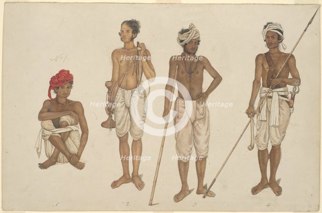 Four Recruits in White Dhotis, page from the Fraser Album, Company School, c. 1815/16. Creator: Unknown.