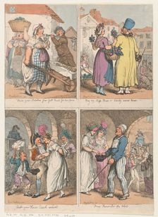 Four Scenes from "Cries of London" Series: Here's your Potatoes...; Buy my Moss ..., August 1, 1801. Creator: Thomas Rowlandson
