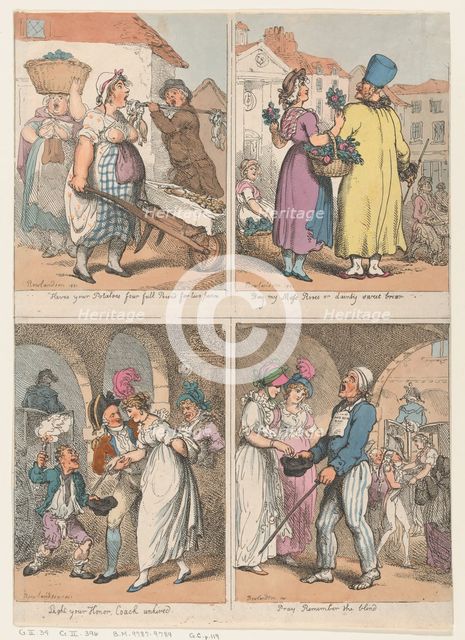 Four Scenes from "Cries of London" Series: Here's your Potatoes...; Buy my Moss ..., August 1, 1801. Creator: Thomas Rowlandson.