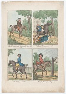 Four Scenes: How to Ride Genteel & Agreeable Down Hill; How to be Run Away With; ..., 1787 or later. Creator: Unknown