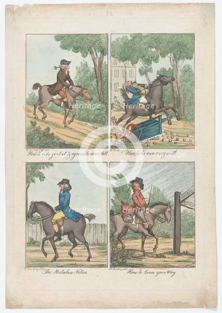 Four Scenes: How to Ride Genteel & Agreeable Down Hill; How to be Run Away With; ..., 1787 or later. Creator: Unknown.
