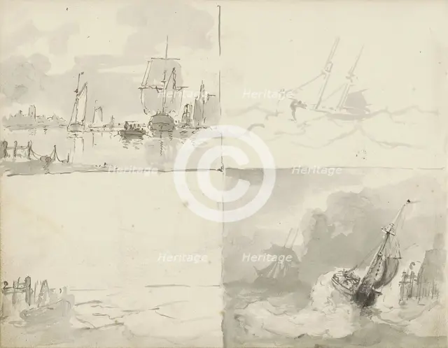 Four seascapes, c.1825-c.1875. Creator: Circle of Petrus Johannes Schotel.