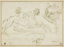 Four Sketches: Griffin, Grotesque Head, Head of Satyr, Bent Leg, 1590/94. Creator: Agostino Carracci